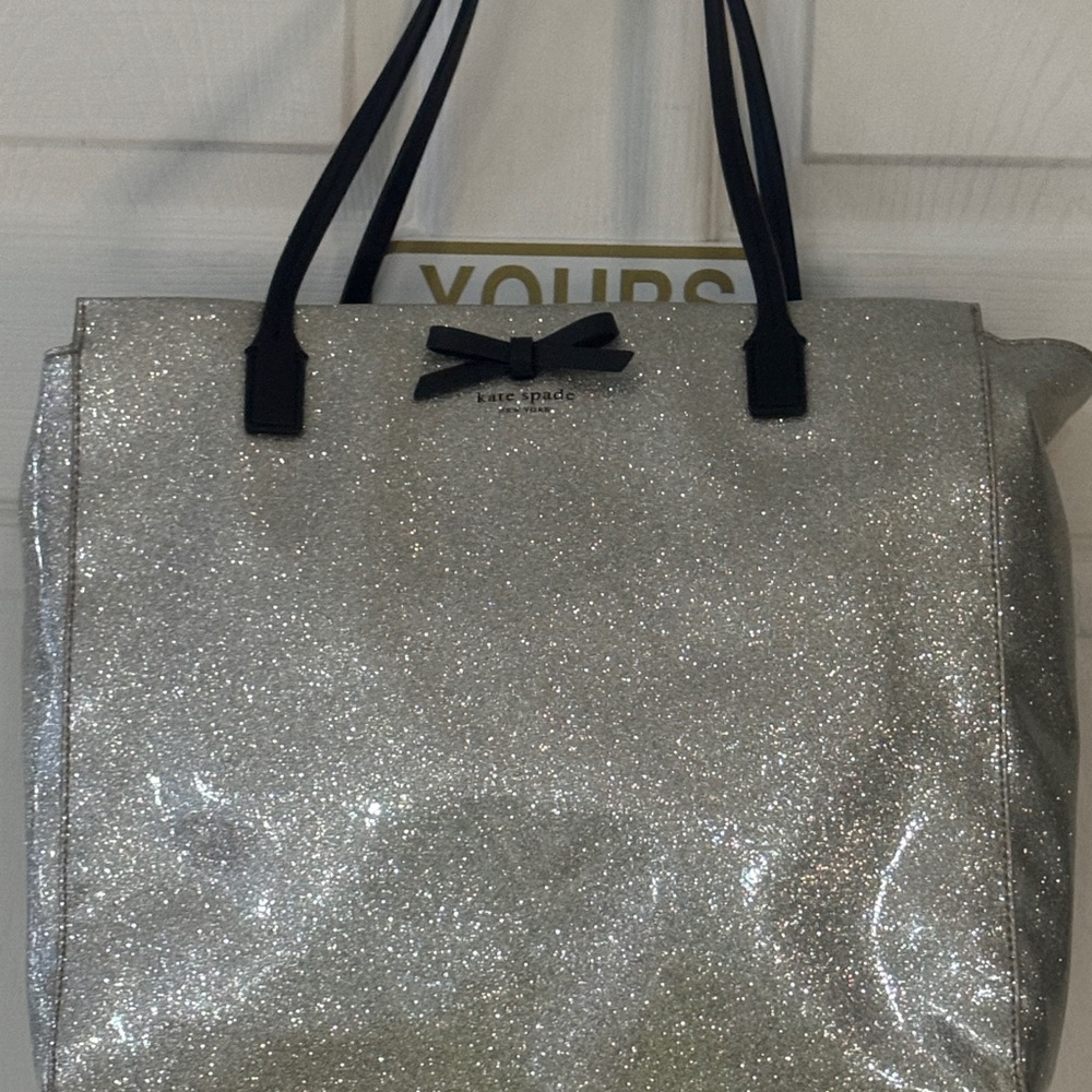 Kate Spade Silver Sparkle Tote with Black Bow